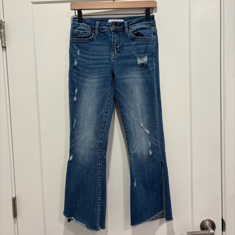 Flying Monkey Distressed Flare Jeans Medium Wash Raw Hem Side Slit Size 25